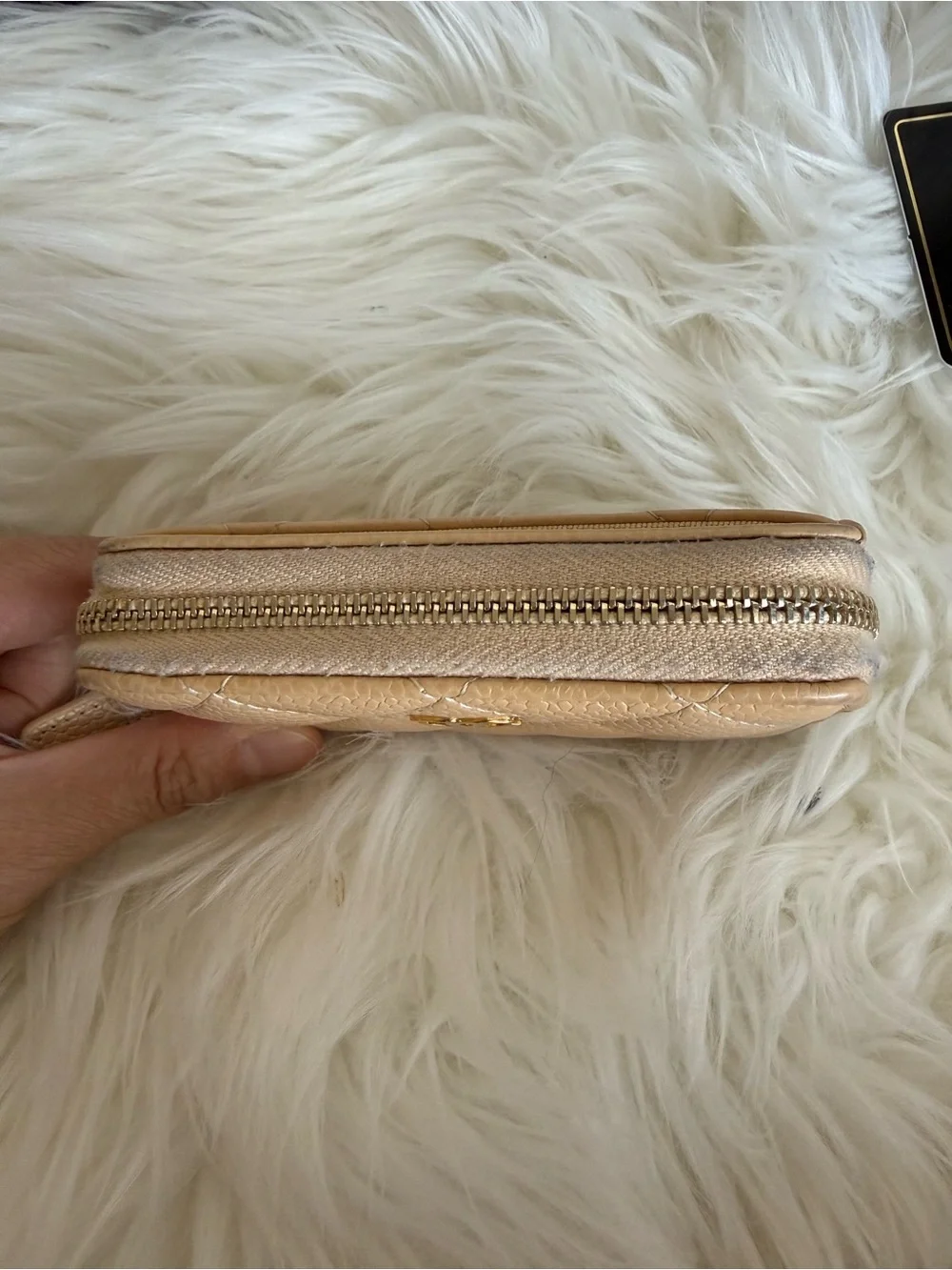 CHANEL Quilted Card Zip Wallet — Beige with Gold CC